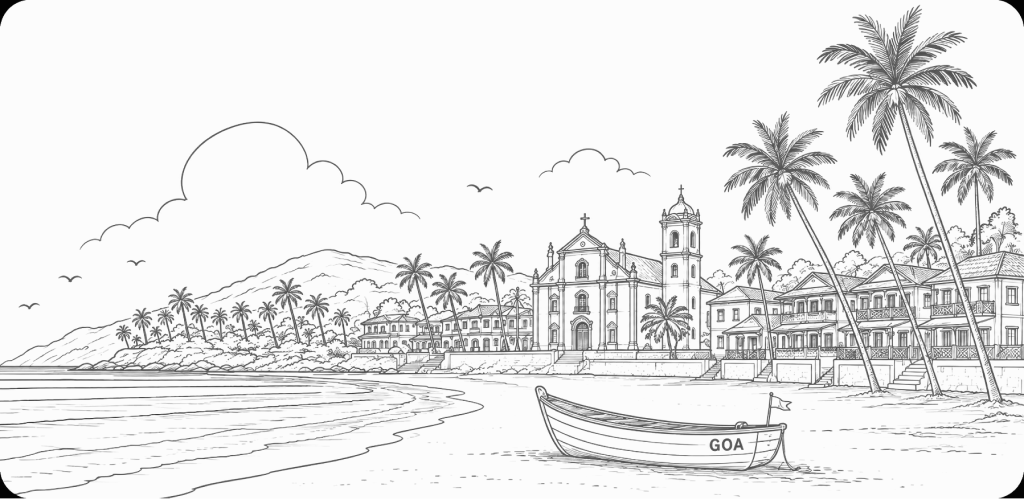 Line illustration of a Goa beach with palm trees and a church