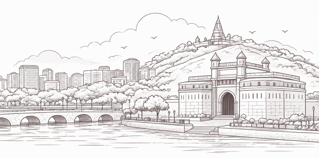 Line illustration of the Pune skyline with hills