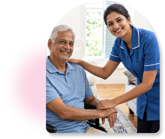 Smiling elderly man with a trained Aaji Care caregiver beside him