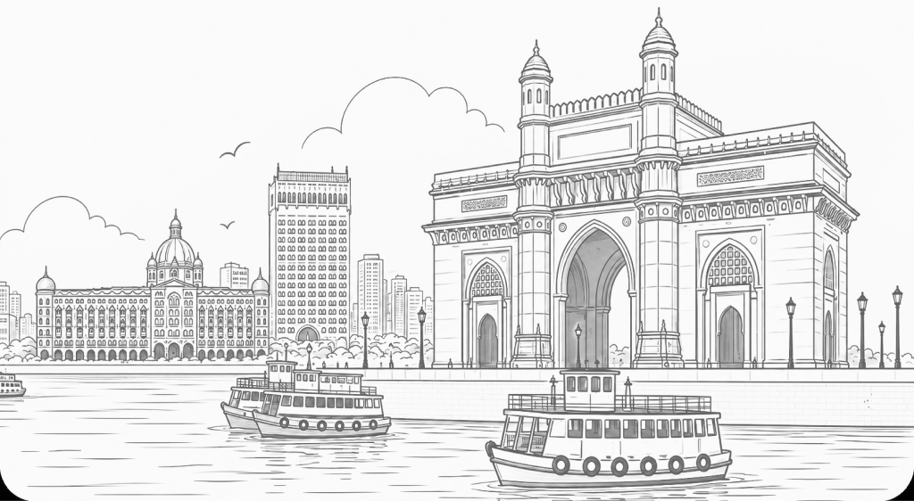 Line illustration of the Gateway of India and the Mumbai waterfront