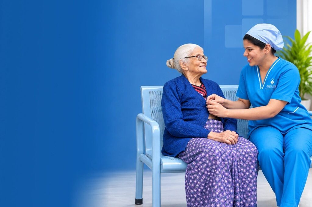 Caregiver in blue scrubs comforting an elderly woman at an Aaji Care elder care centre