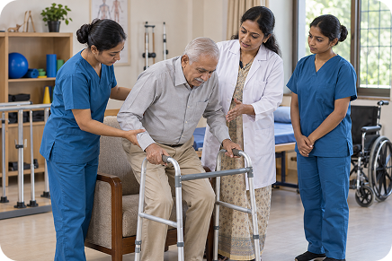 Nurses helping an elderly man walk with a walker during physiotherapy