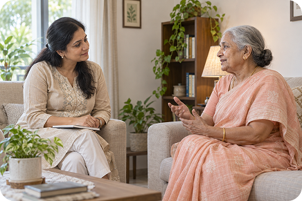 Elderly woman in a saree talking with a family member in a bright living room