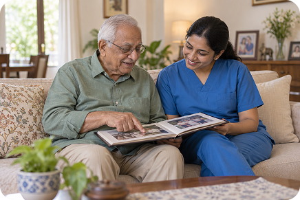 Elderly man and a caregiver looking at a photo album together
